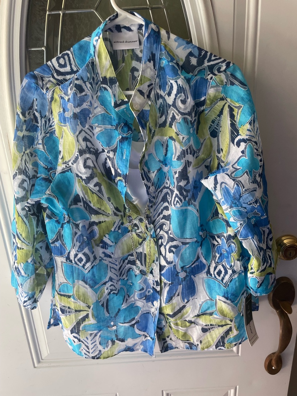 Alfred Dunner White Top with Blue and Green Floral Print
